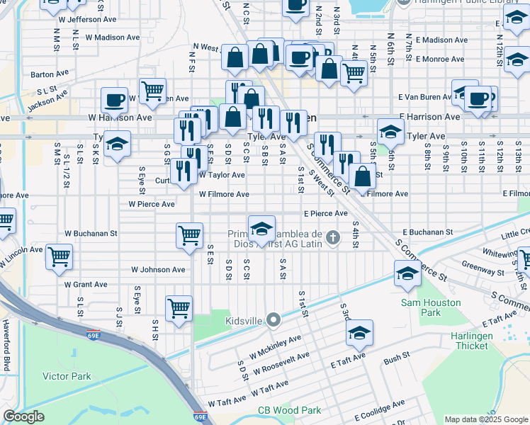 map of restaurants, bars, coffee shops, grocery stores, and more near Pierce Avenue in Harlingen