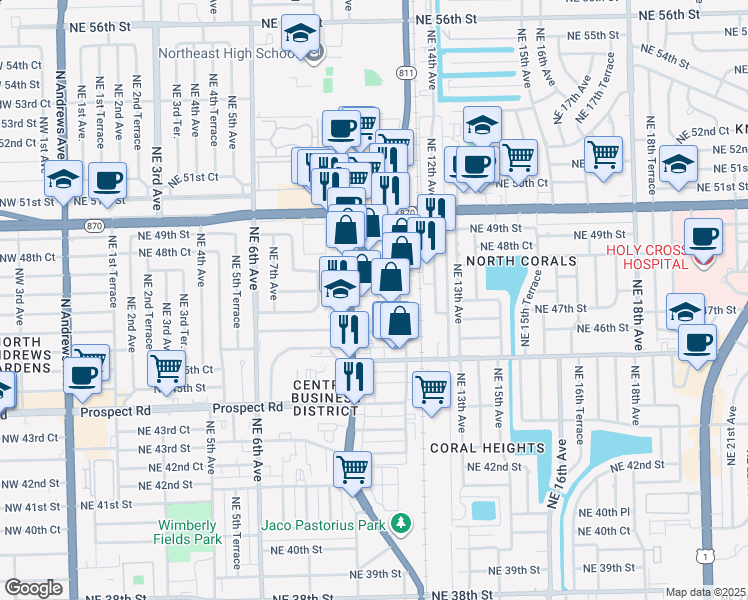 map of restaurants, bars, coffee shops, grocery stores, and more near 4700 North Dixie Highway in Oakland Park