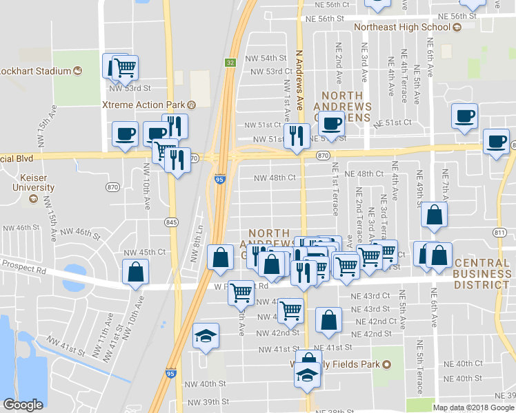 map of restaurants, bars, coffee shops, grocery stores, and more near 348 Northwest 47th Court in Fort Lauderdale