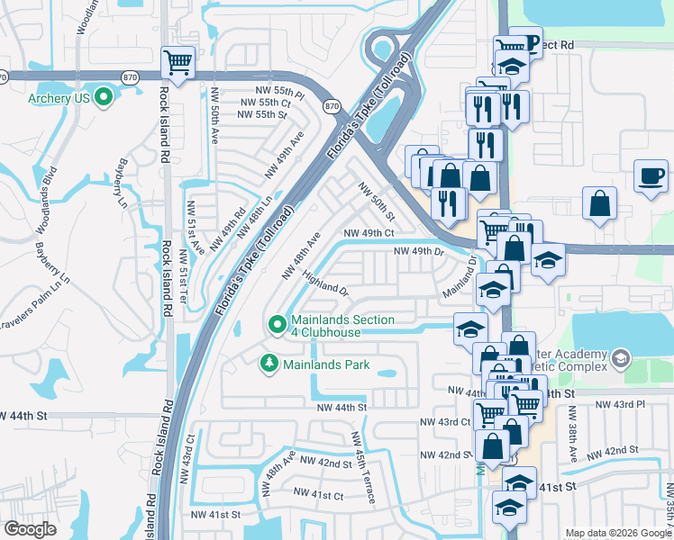 map of restaurants, bars, coffee shops, grocery stores, and more near 4511 Northwest 49th Street in Tamarac