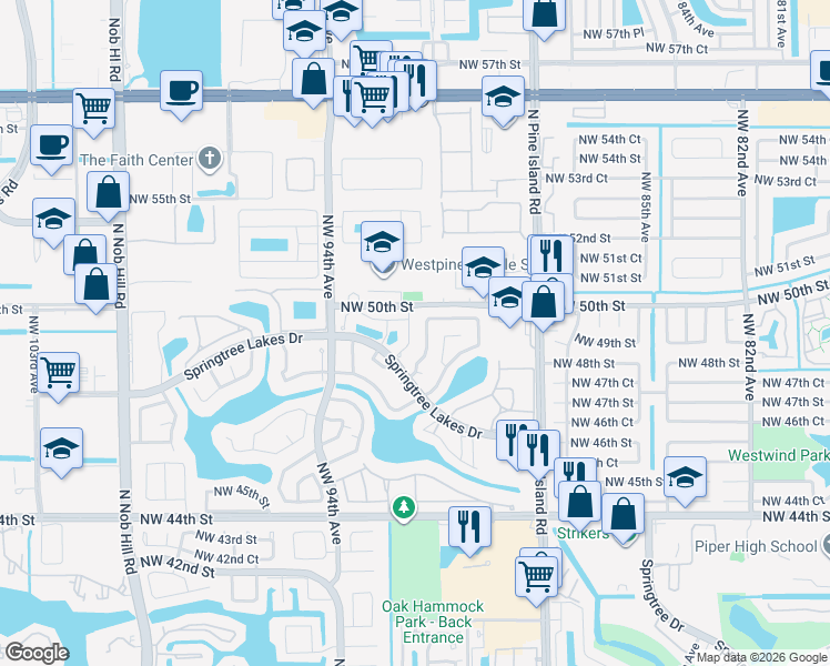 map of restaurants, bars, coffee shops, grocery stores, and more near 4933 Northwest 92nd Avenue in Sunrise