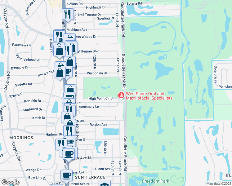 map of restaurants, bars, coffee shops, grocery stores, and more near 41 High Point Circle South in Naples