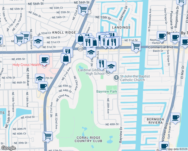 map of restaurants, bars, coffee shops, grocery stores, and more near 2520 Northeast 47th Street in Fort Lauderdale