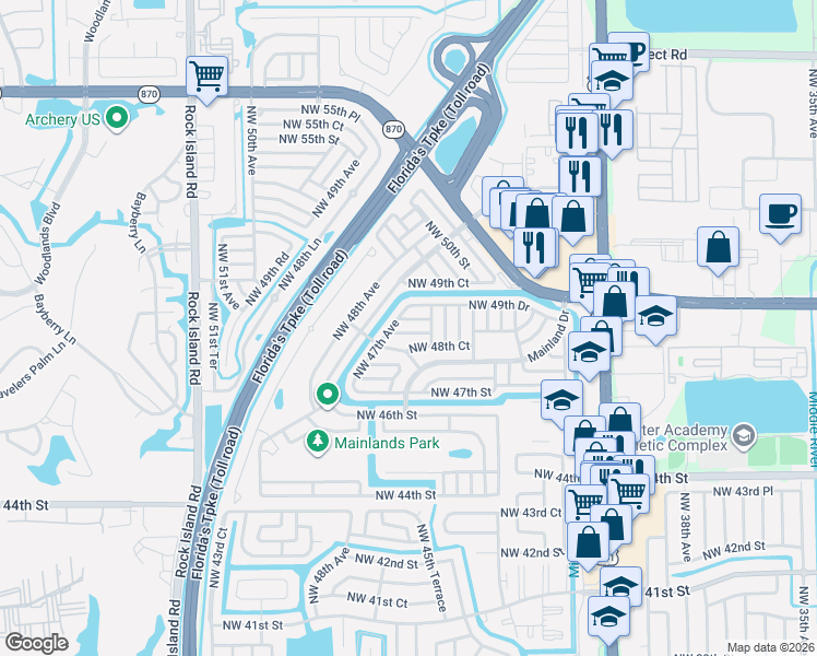 map of restaurants, bars, coffee shops, grocery stores, and more near 4517 Northwest 49th Street in Tamarac