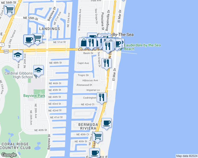 map of restaurants, bars, coffee shops, grocery stores, and more near 4137 Sea Grape Drive in Lauderdale-by-the-Sea