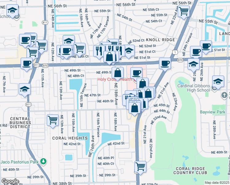 map of restaurants, bars, coffee shops, grocery stores, and more near 4715 Northeast 18th Avenue in Oakland Park