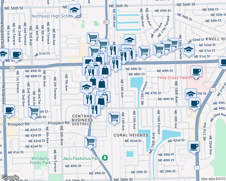 map of restaurants, bars, coffee shops, grocery stores, and more near 4725 Northeast 12th Avenue in Oakland Park
