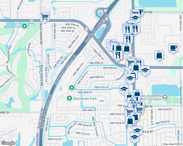 map of restaurants, bars, coffee shops, grocery stores, and more near 4513 Northwest 49th Street in Tamarac