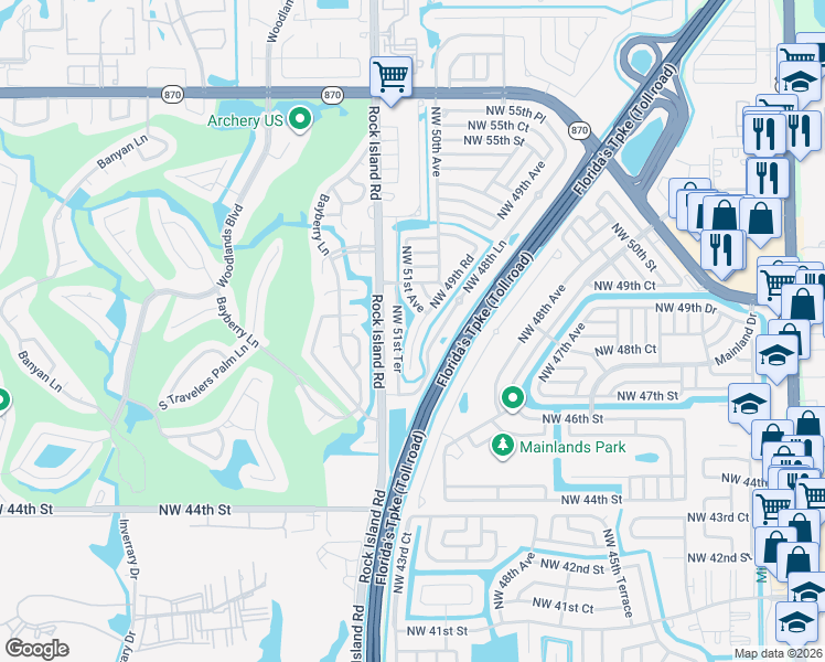 map of restaurants, bars, coffee shops, grocery stores, and more near 4901 Northwest 49th Road in Tamarac