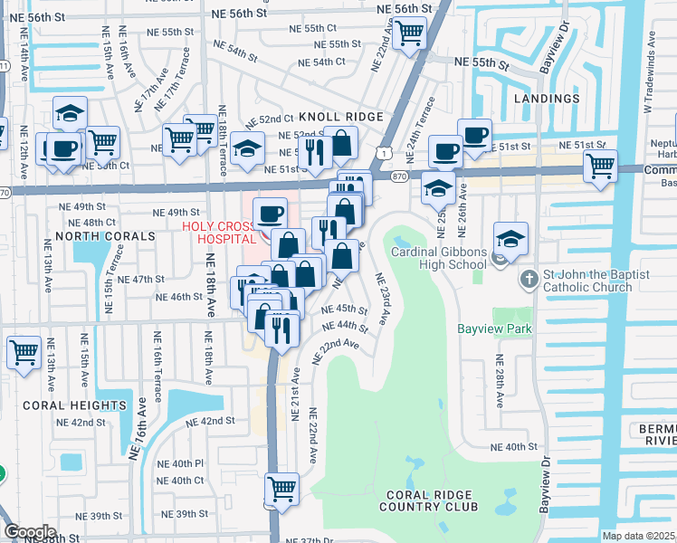 map of restaurants, bars, coffee shops, grocery stores, and more near 4525 Northeast 21st Avenue in Fort Lauderdale