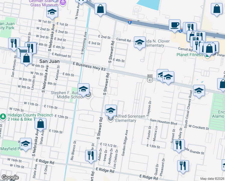 map of restaurants, bars, coffee shops, grocery stores, and more near 706 Sundance Lane in San Juan