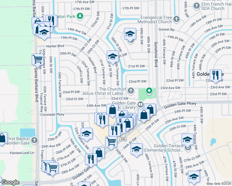 map of restaurants, bars, coffee shops, grocery stores, and more near 2317 50th Terrace Southwest in Naples