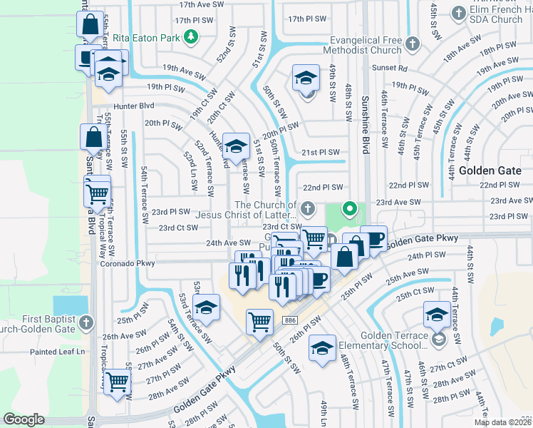map of restaurants, bars, coffee shops, grocery stores, and more near 2317 50th Terrace Southwest in Naples
