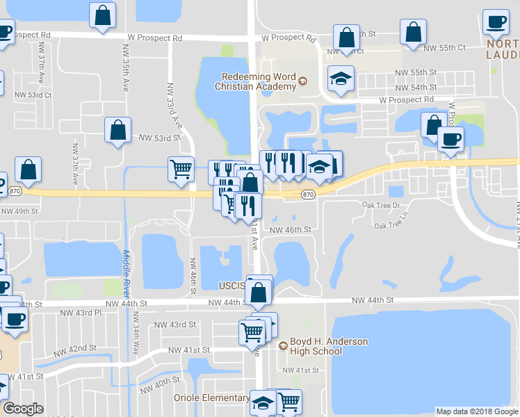map of restaurants, bars, coffee shops, grocery stores, and more near 4705 Northwest 30th Terrace in Fort Lauderdale