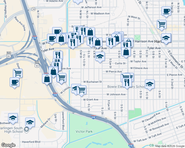 map of restaurants, bars, coffee shops, grocery stores, and more near 722 S K St in Harlingen
