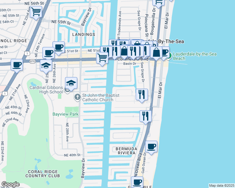 map of restaurants, bars, coffee shops, grocery stores, and more near 275 Hibiscus Avenue in Lauderdale-by-the-Sea