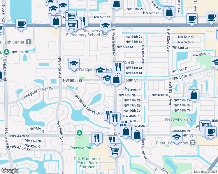 map of restaurants, bars, coffee shops, grocery stores, and more near 8800 Northwest 50th Street in Sunrise