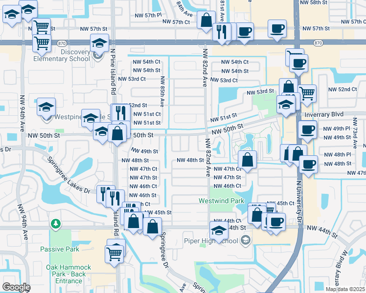 map of restaurants, bars, coffee shops, grocery stores, and more near 4920 Northwest 83rd Terrace in Lauderhill