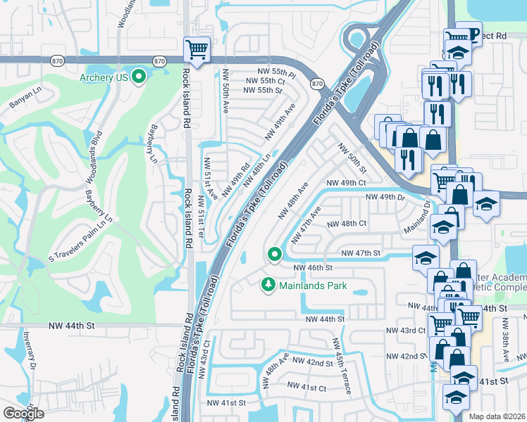 map of restaurants, bars, coffee shops, grocery stores, and more near 4747 Northwest 48th Terrace in Tamarac