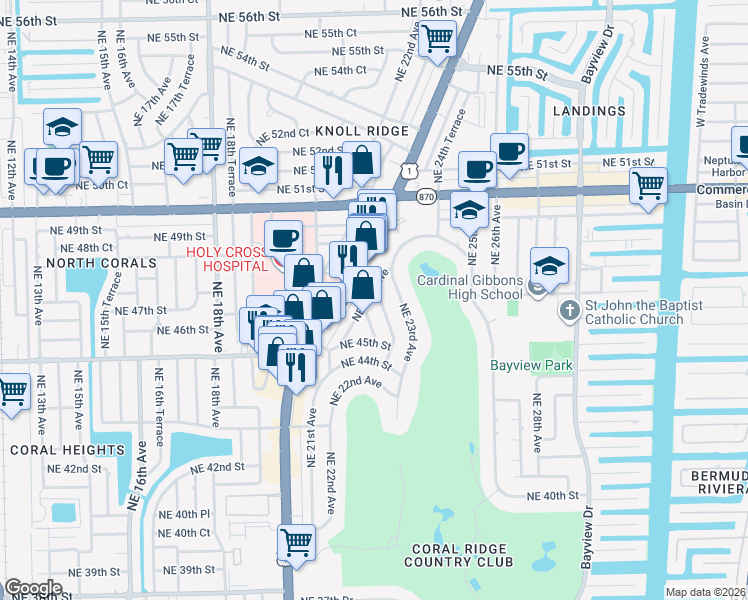 map of restaurants, bars, coffee shops, grocery stores, and more near 4525 Northeast 21st Avenue in Fort Lauderdale