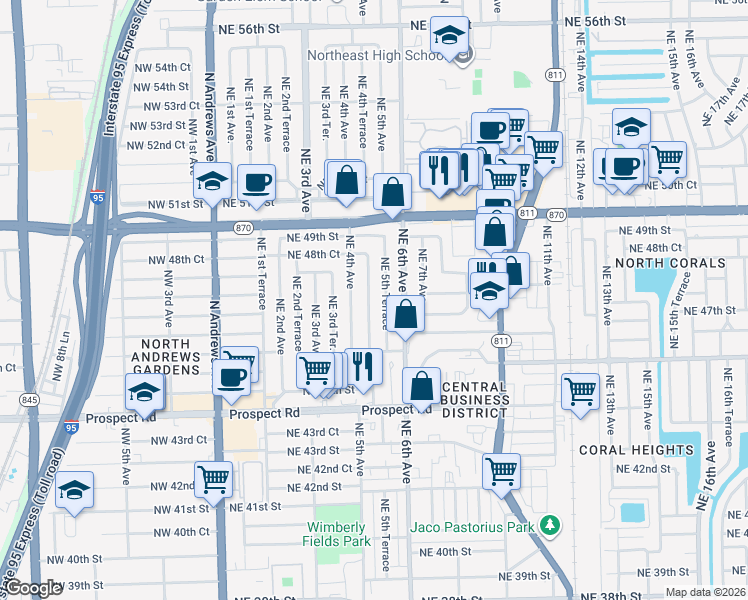map of restaurants, bars, coffee shops, grocery stores, and more near 4731 Northeast 5th Avenue in Fort Lauderdale
