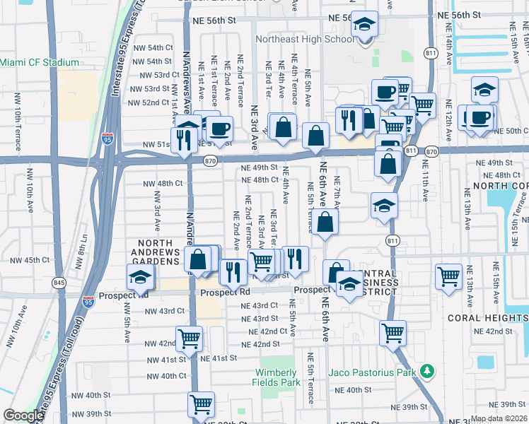 map of restaurants, bars, coffee shops, grocery stores, and more near 4721 Northeast 3rd Terrace in Fort Lauderdale