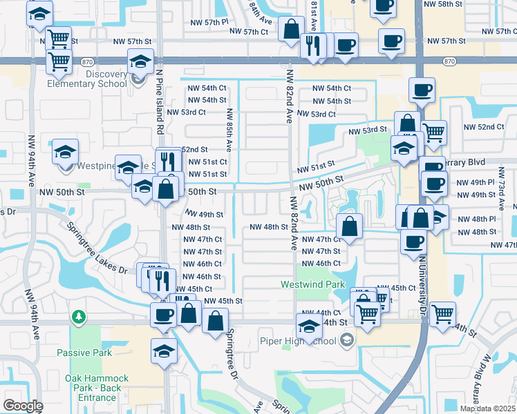 map of restaurants, bars, coffee shops, grocery stores, and more near 4920 Northwest 83rd Terrace in Lauderhill