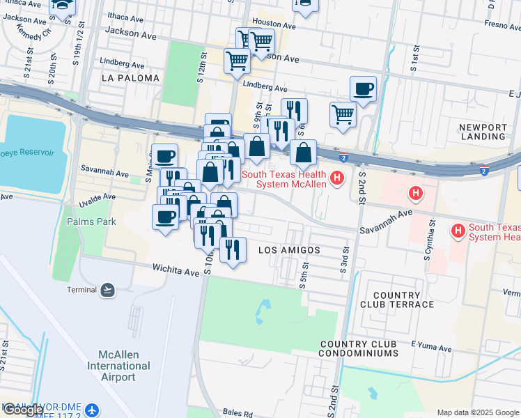 map of restaurants, bars, coffee shops, grocery stores, and more near 1921 South 8th Street in McAllen
