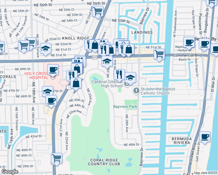 map of restaurants, bars, coffee shops, grocery stores, and more near 4621 Northeast 25th Avenue in Fort Lauderdale