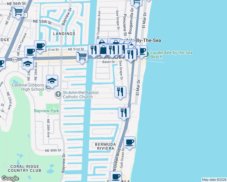 map of restaurants, bars, coffee shops, grocery stores, and more near 251 Hibiscus Avenue in Lauderdale-by-the-Sea