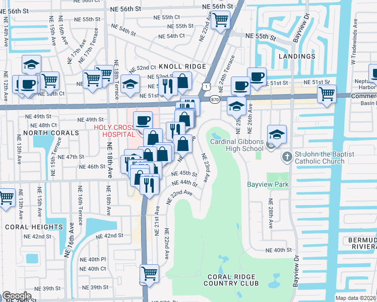 map of restaurants, bars, coffee shops, grocery stores, and more near 4525 Northeast 21st Avenue in Fort Lauderdale