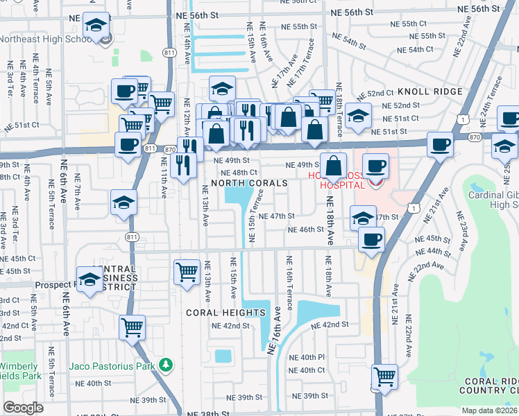 map of restaurants, bars, coffee shops, grocery stores, and more near 4750 Northeast 15th Terrace in Oakland Park