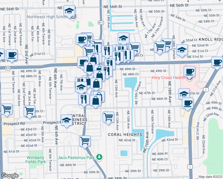 map of restaurants, bars, coffee shops, grocery stores, and more near 4725 Northeast 12th Avenue in Oakland Park