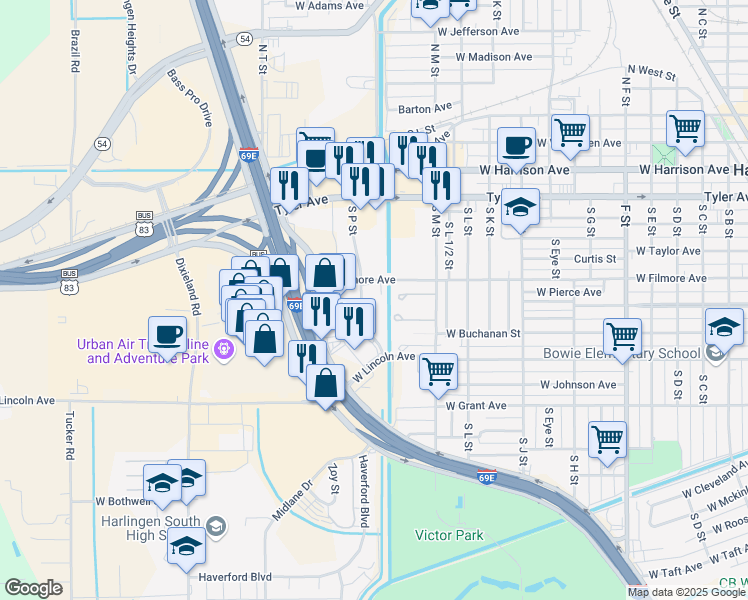 map of restaurants, bars, coffee shops, grocery stores, and more near 505 South P Street in Harlingen