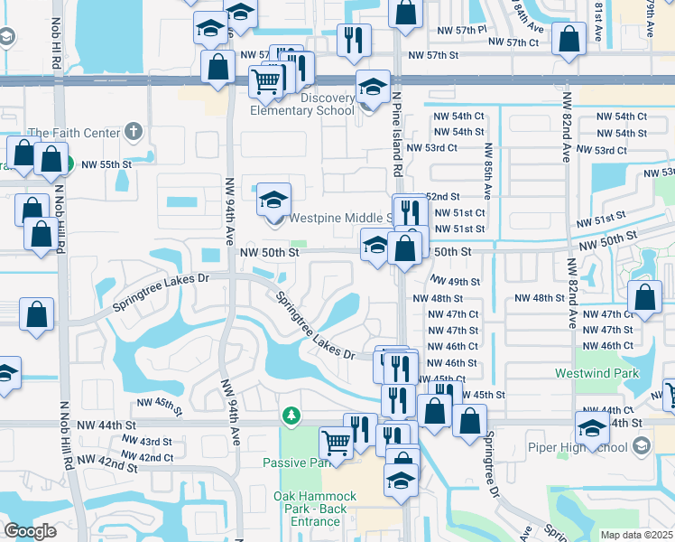 map of restaurants, bars, coffee shops, grocery stores, and more near 9194 Northwest 49th Court in Sunrise