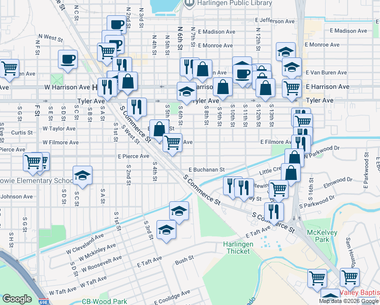 map of restaurants, bars, coffee shops, grocery stores, and more near 748-798 S 7th St in Harlingen