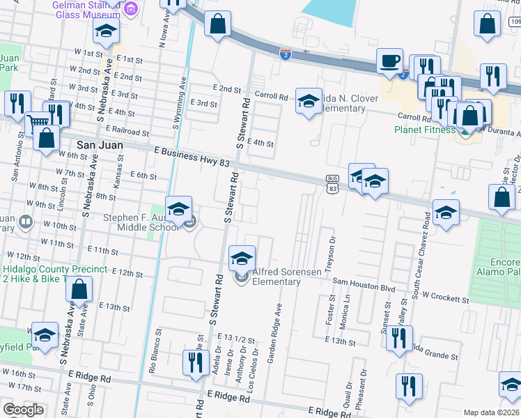 map of restaurants, bars, coffee shops, grocery stores, and more near 700 South Shawnee Bend Road in San Juan