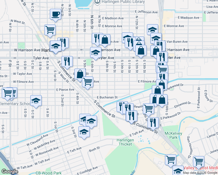 map of restaurants, bars, coffee shops, grocery stores, and more near 805 East Pierce Avenue in Harlingen