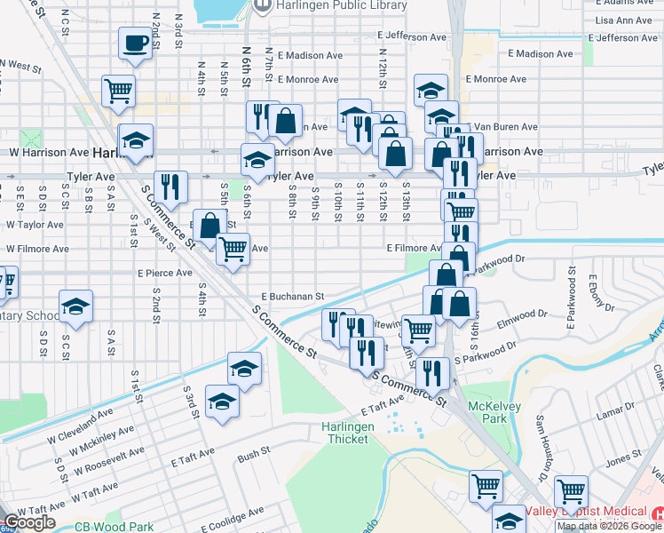 map of restaurants, bars, coffee shops, grocery stores, and more near 917 East Pierce Avenue in Harlingen