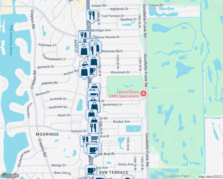 map of restaurants, bars, coffee shops, grocery stores, and more near 57 High Point Circle West in Naples