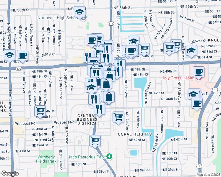 map of restaurants, bars, coffee shops, grocery stores, and more near 4753 Northeast 11th Avenue in Oakland Park