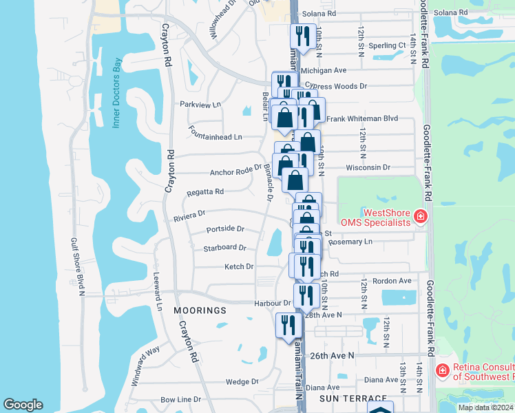 map of restaurants, bars, coffee shops, grocery stores, and more near 745 Riviera Drive in Naples