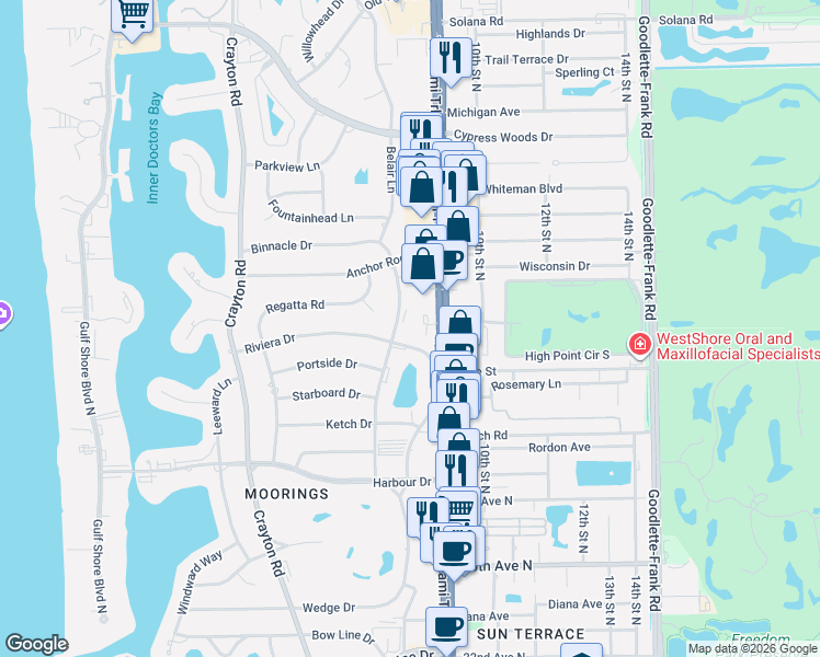 map of restaurants, bars, coffee shops, grocery stores, and more near 3200 Binnacle Drive in Naples