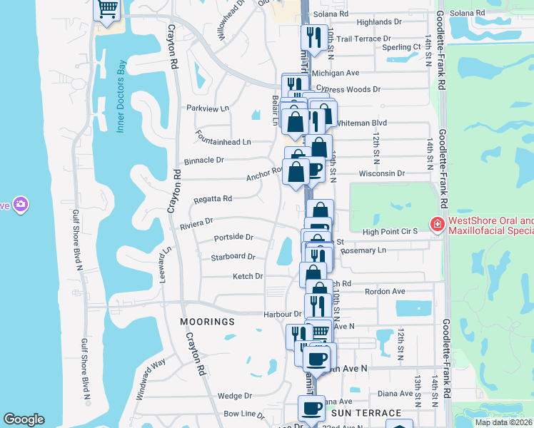 map of restaurants, bars, coffee shops, grocery stores, and more near 745 Riviera Drive in Naples