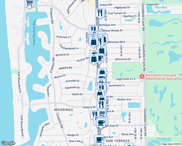 map of restaurants, bars, coffee shops, grocery stores, and more near 3200 Binnacle Drive in Naples
