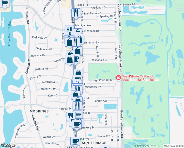 map of restaurants, bars, coffee shops, grocery stores, and more near 57 High Point Circle West in Naples