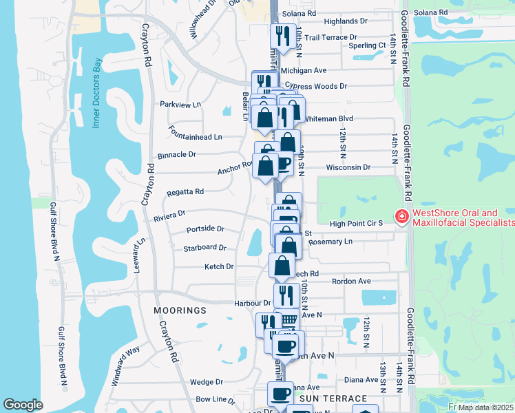 map of restaurants, bars, coffee shops, grocery stores, and more near 3200 Binnacle Drive in Naples