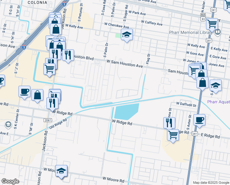map of restaurants, bars, coffee shops, grocery stores, and more near 1106 Sugar Street in Pharr
