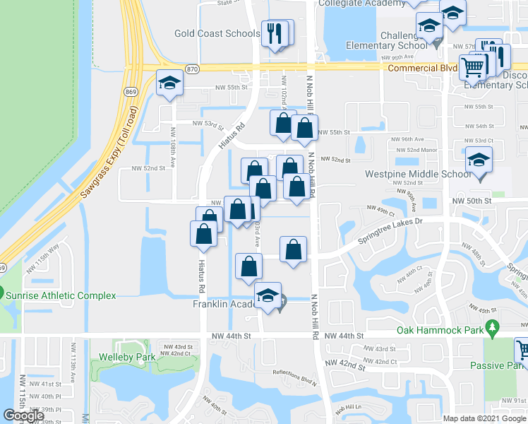 map of restaurants, bars, coffee shops, grocery stores, and more near 10212 Northwest 50th Street in Sunrise