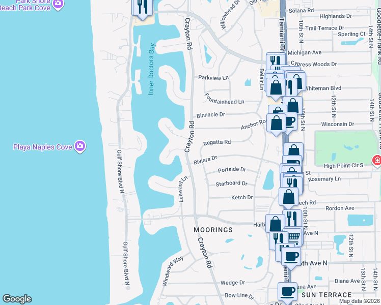 map of restaurants, bars, coffee shops, grocery stores, and more near 3219 Crayton Road in Naples